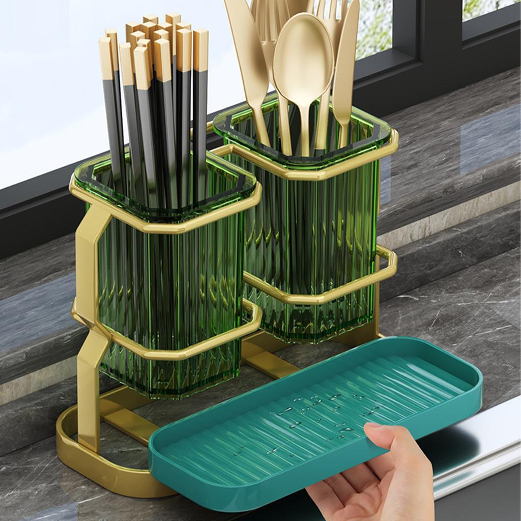 Chopstick Draining Container Double Compartment Keep Drying Utensil Hanging Storage Rack for Kitchen