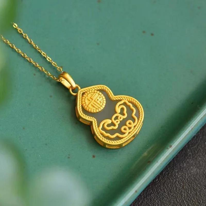 Original Design Natural Hetian White Jade Ping An Ruyi Gourd Pendant Necklace Unique Ancient Gold Craft Charm Ladies Jewelry