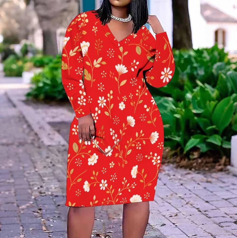 Women Plus Size Floral Printed V Neck Long Sleeve Fitted Midi Dress