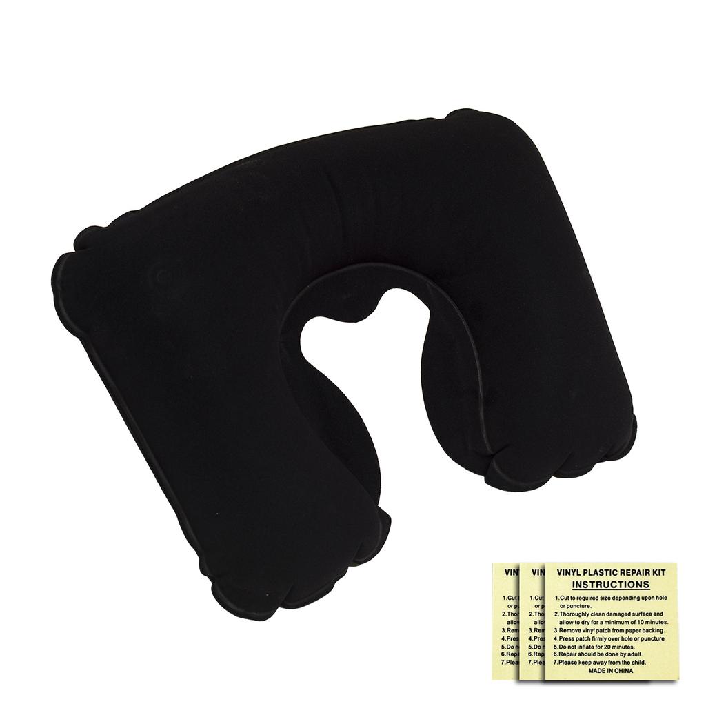 Inflatable flocking U-shaped pillow for outdoor travel. Inflatable pillow for storage and portable rest with leak repair patch