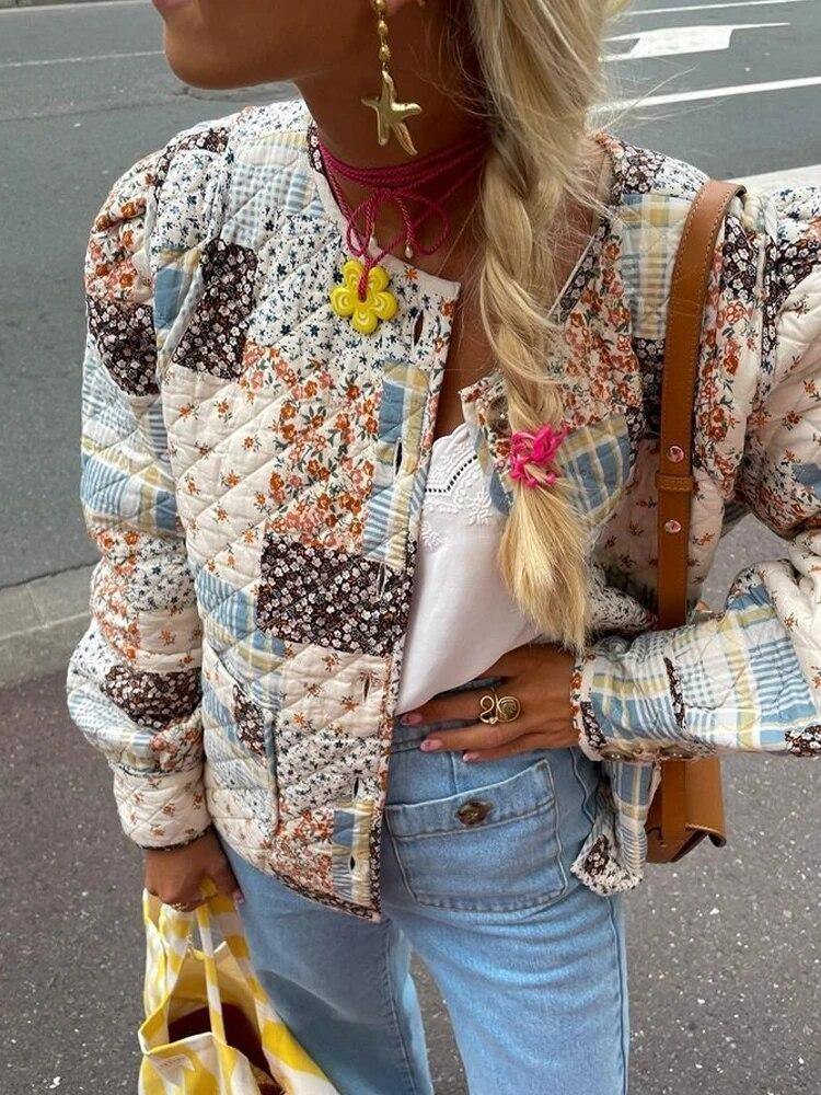 Retro potisk Dámská bavlněná bunda Dlouhý rukáv Jednorázové zapínání Kabát Ležérní Streetwear Svrchní oblečení Barevný Kulatý výstřih Dámská Podzimní Zimní Móda