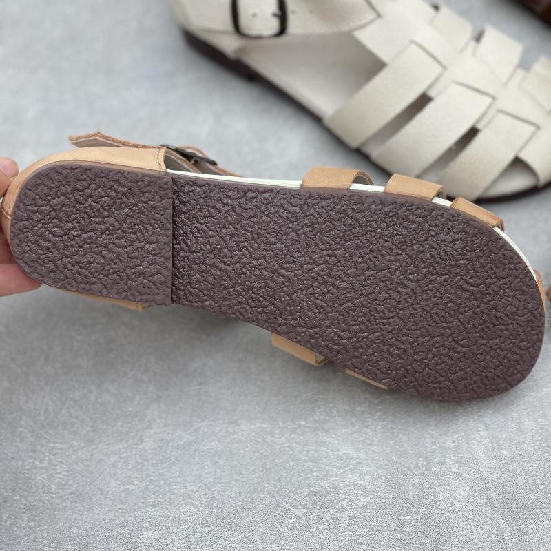 Johnature Genuine Leather Roman Sandals Retro Casual Solid Color Cowhide Soft Sole Flat Women's Shoes