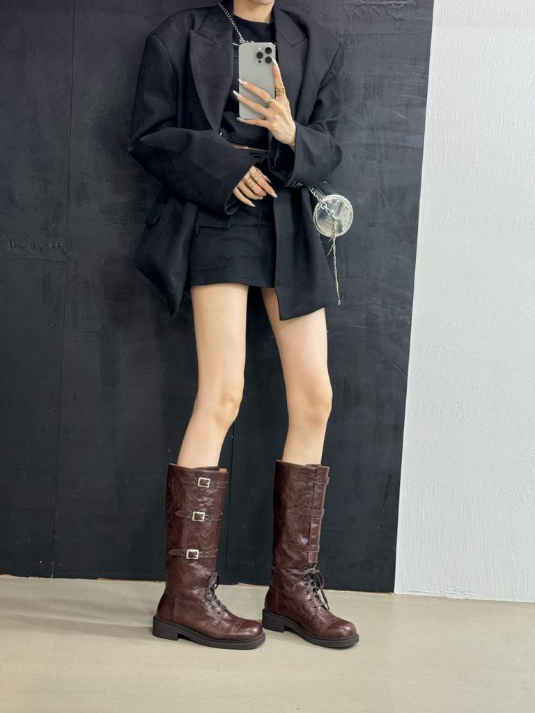 New spot brown but knee boots women's 2025 new retro leather western cowboy boots American punk