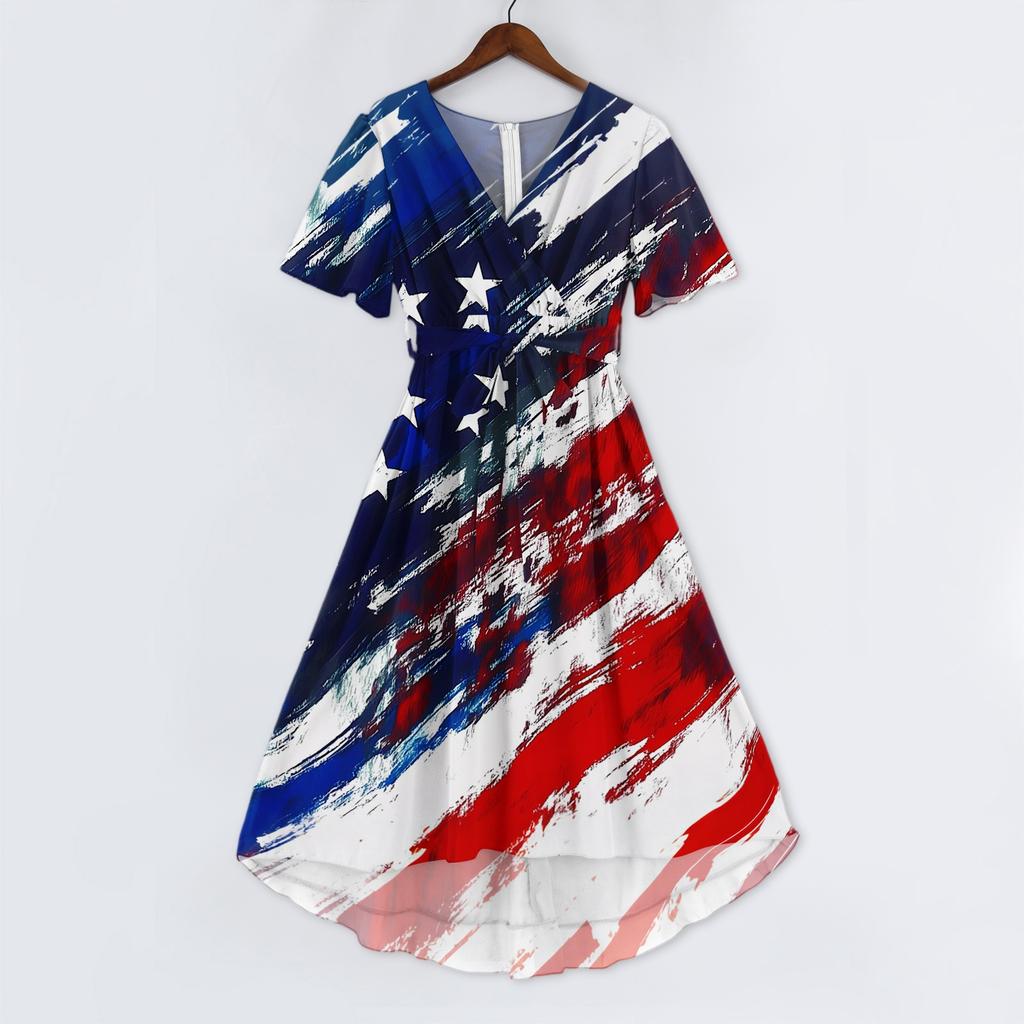 Women's Casual V-Neck Short-Sleeve Independence Day Print Dress