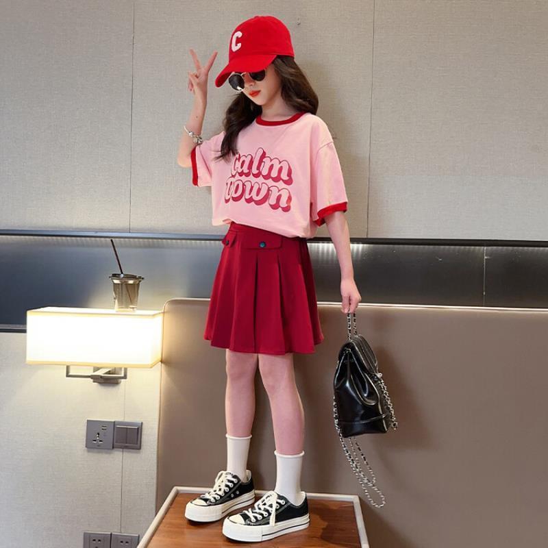 Summer Teenager Girls Cloth Short Sleeve Letters Striped T Shirt + Cargo Skirt Dress Children Set