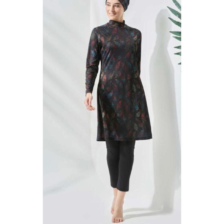 Todelt muslimsk dame beskjeden badedrakt med bladtrykk for sjøen, sett med badedrakt med full dekning, strandtøy, burkini badedraktsett, flerfarget valg (ikke hodeskjerf