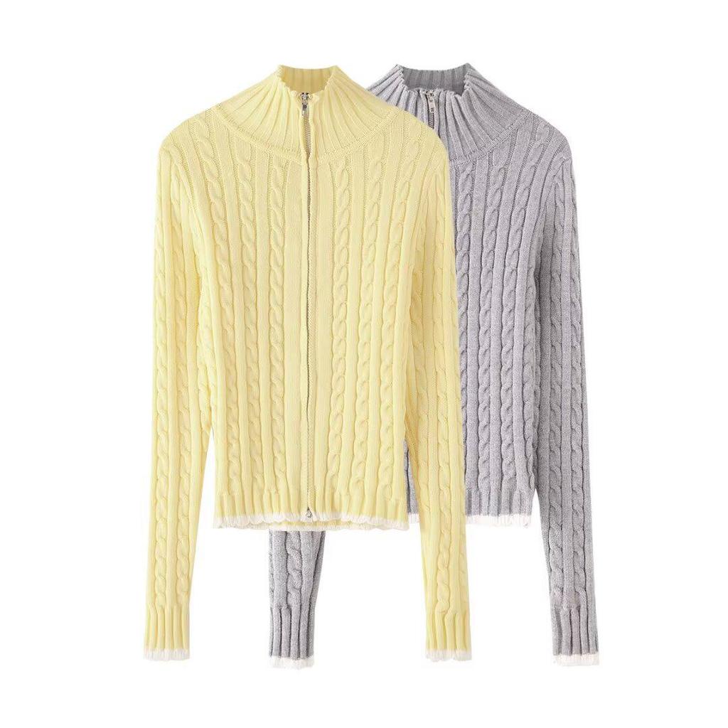 2024 Autumn/Winter European Light Fluffy Knit Stand Collar Zip-Up Cardigan Sweater