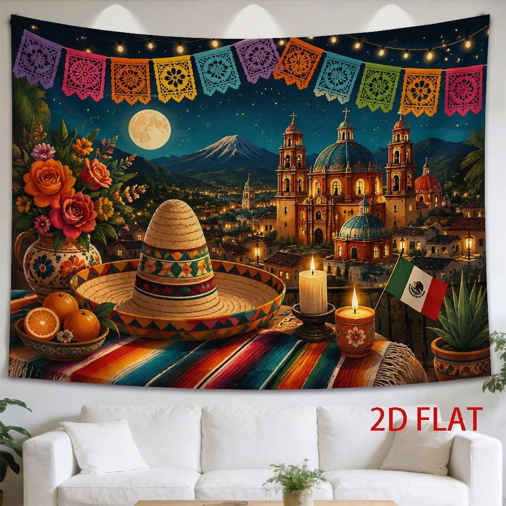 2D Flat, 1pc 2D Flat Tapestry Mexican Night Scene Tapestry, Moonlight Illuminates Cathedral and Colorful S Under Starry Sky, 2D Flat