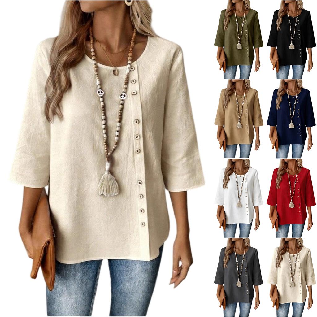 Women's Loose-fitting, Casual And Stylish Single-breasted 3/4 sleeved Cotton And Linen Top