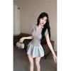 Fashion New Gray POLO Neck Splicing Fake Two-piece Dress Women's Summer Waist Pleated Short Skirt Children Sweet