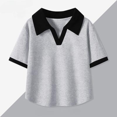 Summer Women Polo Shirt Short Sleeve Slim Fit Casual Color Block Tops Korean Style