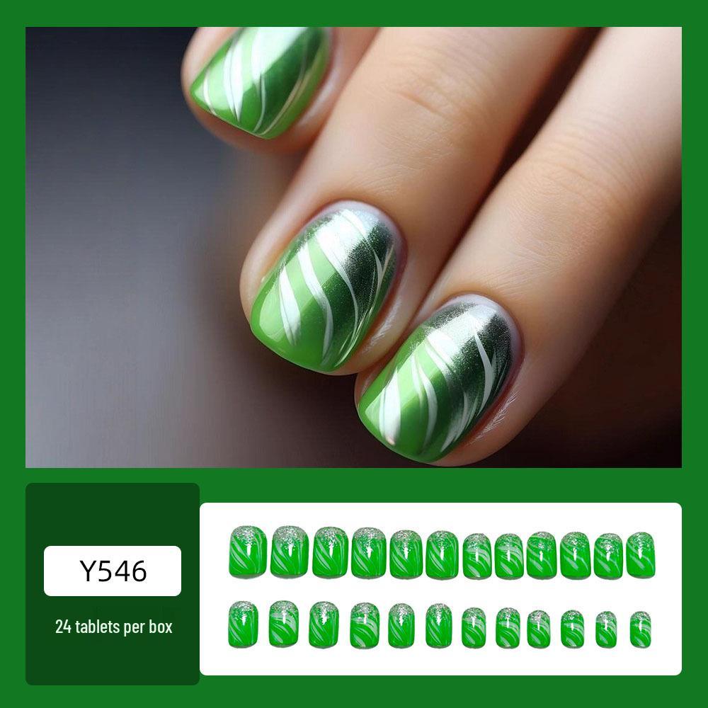 Green Glitter French Nail Art Stickers - Short Square Nails