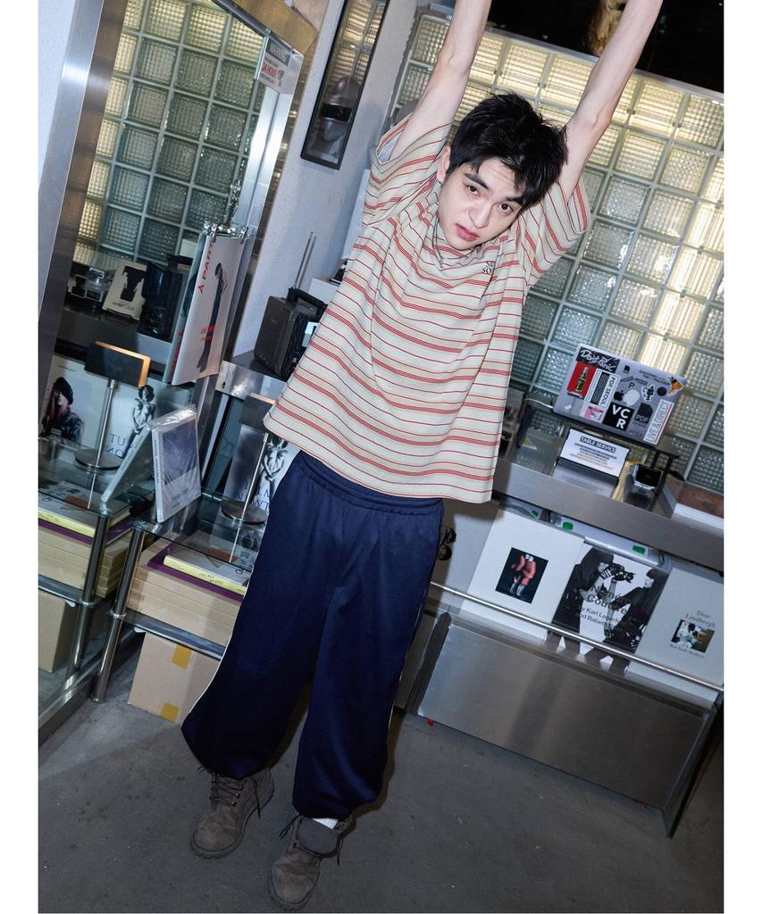 Saendeusaundeu (Unisex) Dyed Stripe Short Sleeve T-Shirt Beige