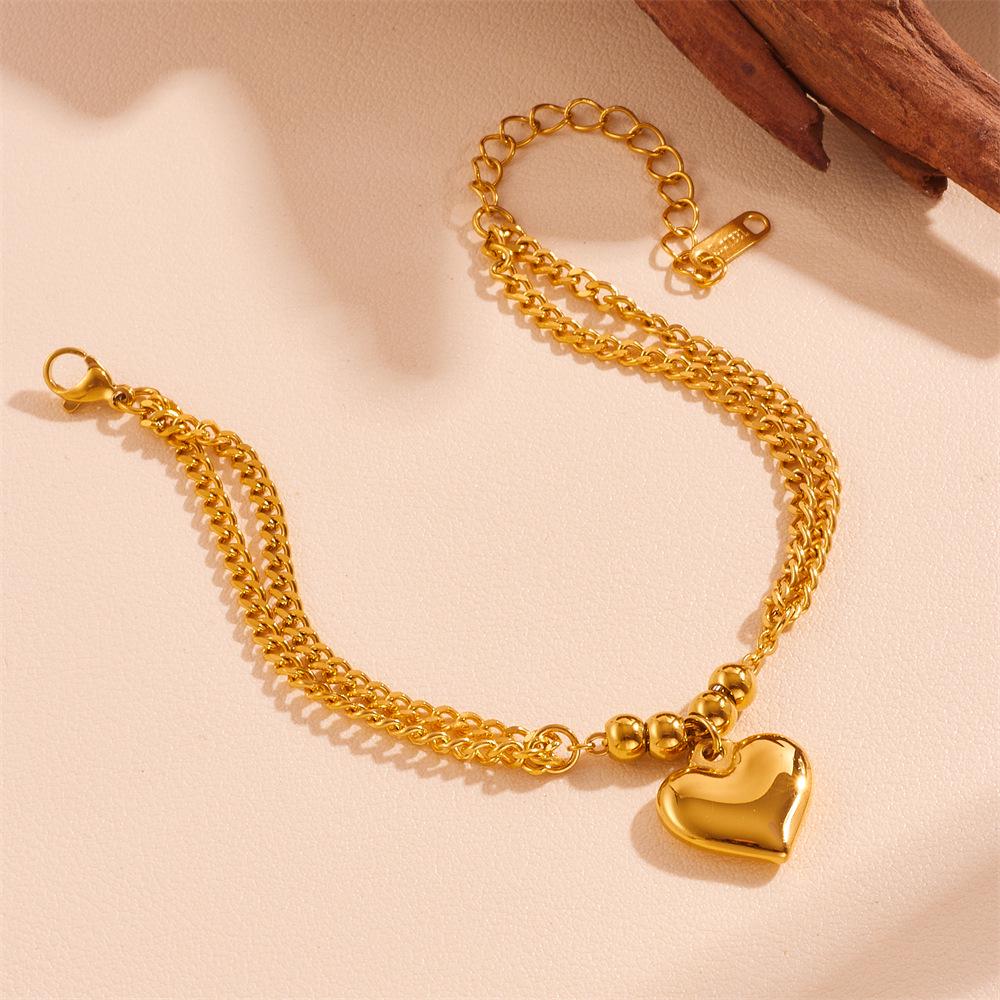 Crosswave Beaded Heart Necklace & Bracelet Set, Fashionable Stainless Steel Jewelry