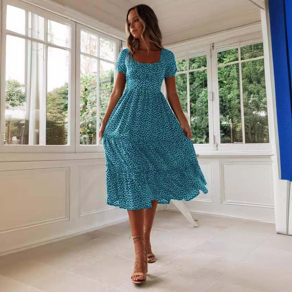 GMXIA Square Collar Bubble Sleeve Floral Print Dress Long Skirt