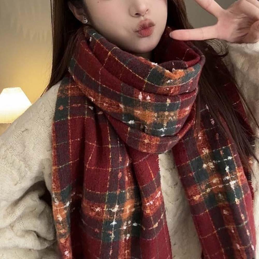 Classic Long Tassel Neckscarf Soft Women Thickened Scarf Soft Plaid Knitted Scarf  Spring