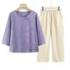 Elderly Women's Summer Cotton Linen Mid-Sleeve T-Shirt & Top Set