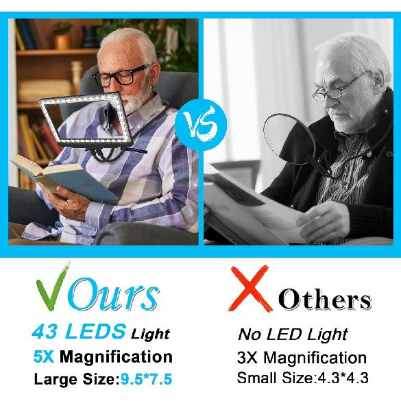 5X Hands Free Magnifying Glass with Light 43 Ultra-Bright LEDs, Large Page Magnifier for Reading, Flexible Gooseneck Magnifier for Neck Wear Repair