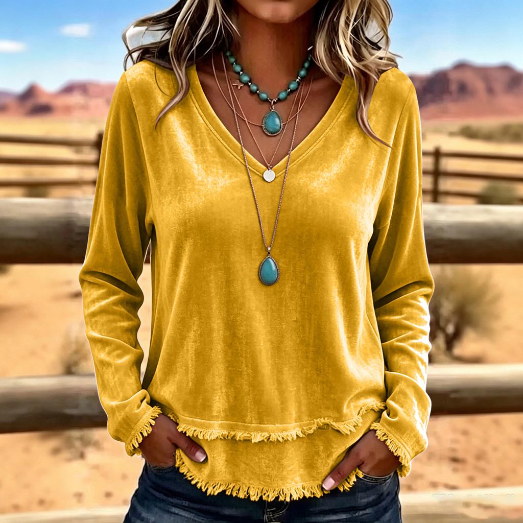 Women's Long Sleeve Lace Trim Blouse Loose Fit Color Casual Tunic Top
