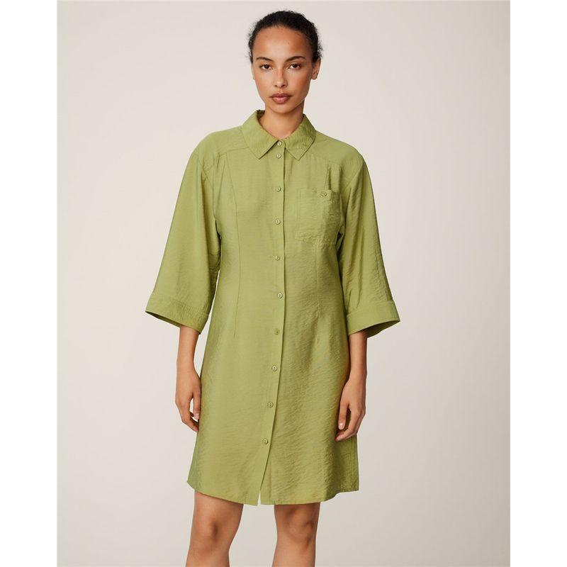 

Foreign Trade Original Order European Niche Summer Satin Ice Silk Fabric Solid Women 3/4 Sleeve Shirts Dress Olive green M
