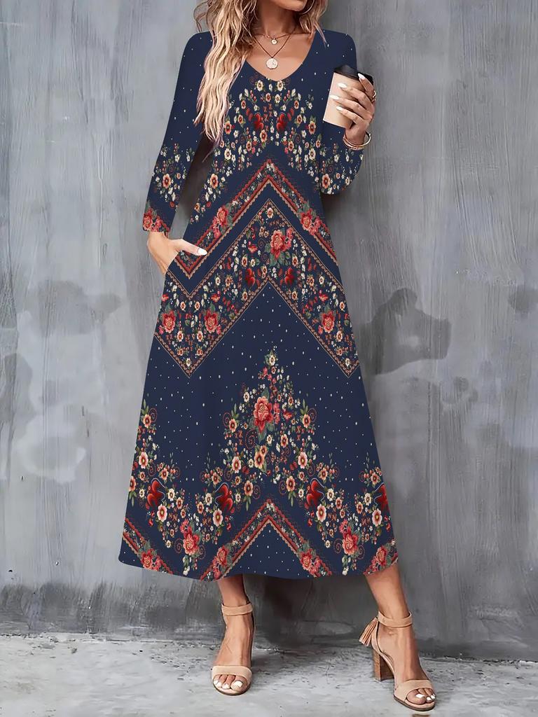 2025 Herbst und Winter Neues Damen Casual Modekleid 3D Retro Musterdruck Langarm V-Ausschnitt A-Linien-Kleider