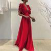 Yousheng Damen Abendkleid Tief ausgeschnittener V-Ausschnitt Fliegende Ärmel Lagen Rüschen Plissee Hohe Taille Einfarbig Bodenlang Abschlussball Cocktailparty Maxikleid