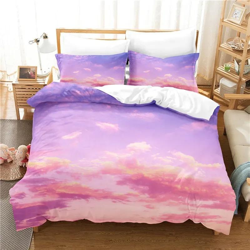 Cloud Sky Duvet Cover Set King/Queen Size,pink Blue-green Beautiful Natural Scenery Soft Bedding Set for Kids Teens Adults Girls