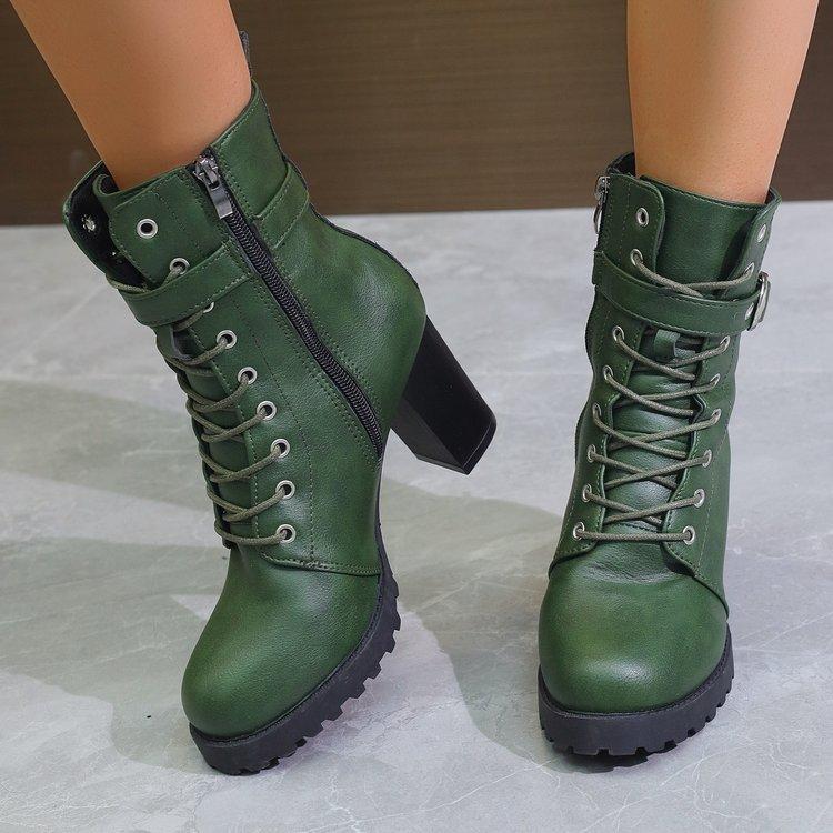 Large size lace-up fashion boots autumn and winter new high-heeled side zipper buckle belt low tube round head women's boots