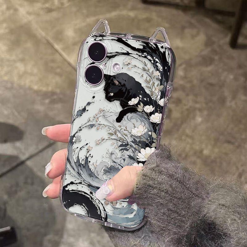 Black Cat Ink Painting Phone Case For iPhone 17 16 15 14 13 12 11 Pro Max XR XS MAX 7 8 PLUS INS Cat Ears Transparent Cover