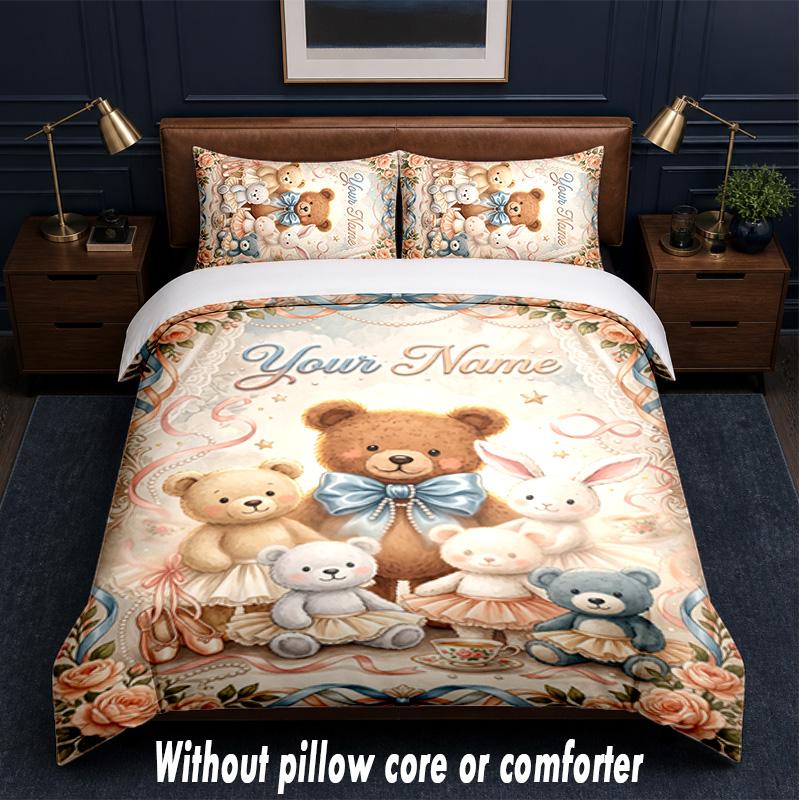 Teddy Bear Theme Custom Text Or Name 3Pcs Bedding Set,1 Flat Sheet & 2 Pillowcases Personalized Home Bedding