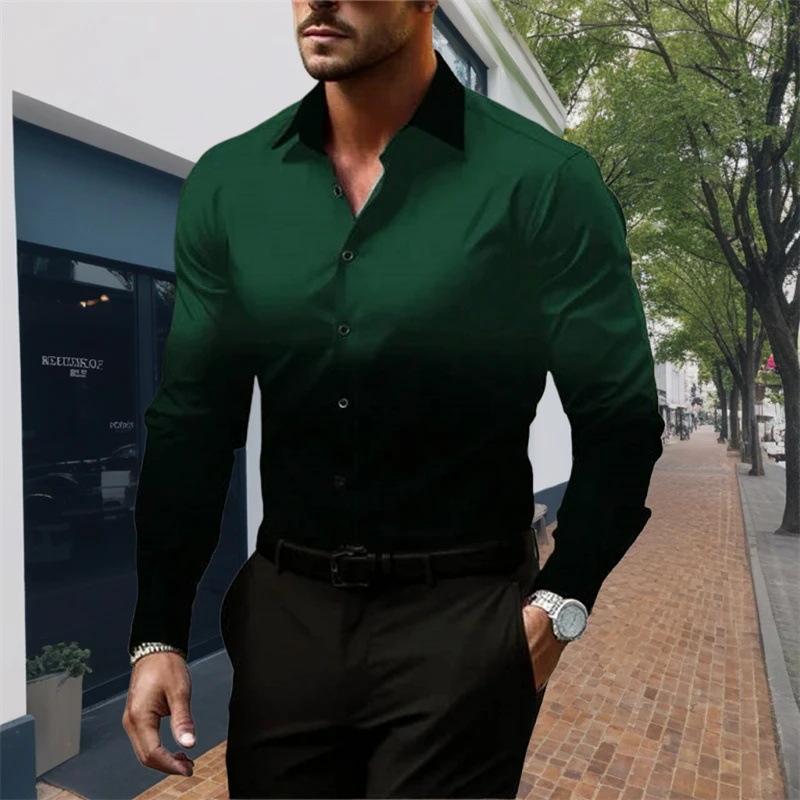 Spring Autumn Long Sleeved Shirt for Men with Sense of Luxury Gradient Lapel Loose Buttons Versatile Versatile Shirts Men’s