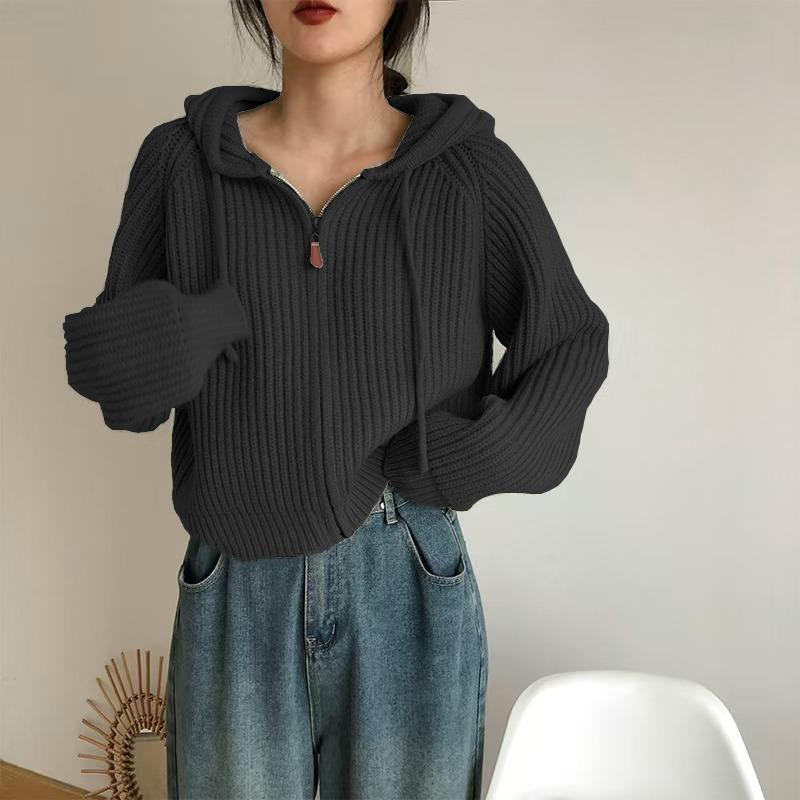 Autumn Winter Women Hooded Zipper Knitted Sweater New Loose Long Sleeved Cardigan Jackets Short Coats Sweet Casual Elegant Solid Color Clothing