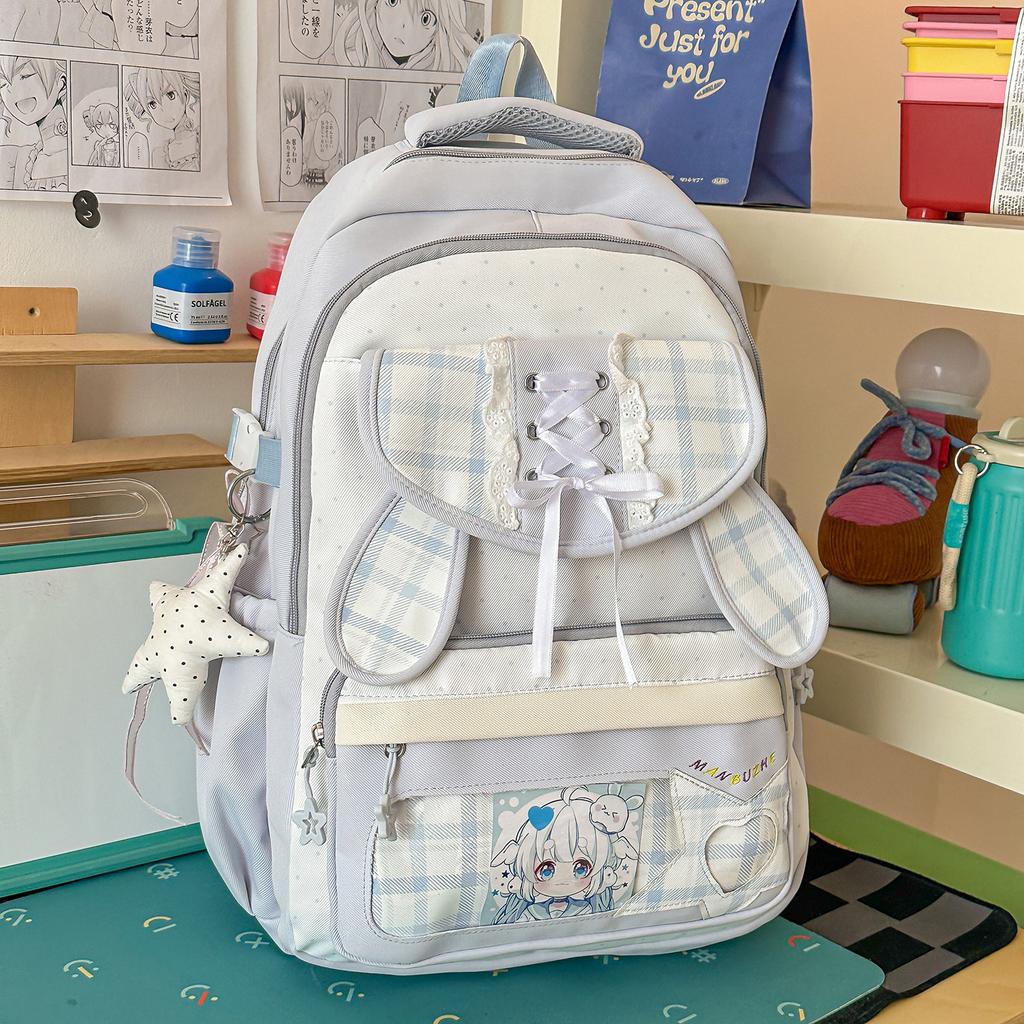 Mochila japonesa de dos dimensiones transparente bolsa para el dolor de alto valor estilo ins universitario a cuadros mochila para estudiante de secundaria con múltiples compartimentos