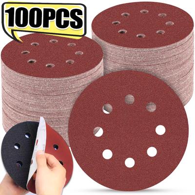 100Pcs Sanding Discs 8-Hole Hook and Loop Round Sandpaper for Random Orbital Sander for Wood Paint Stain Varnish Removal Tools