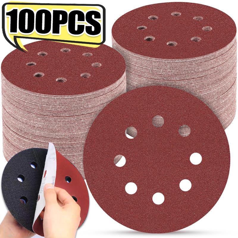 100Pcs Sanding Discs 8-Hole Hook and Loop Round Sandpaper for Random Orbital Sander for Wood Paint Stain Varnish Removal Tools