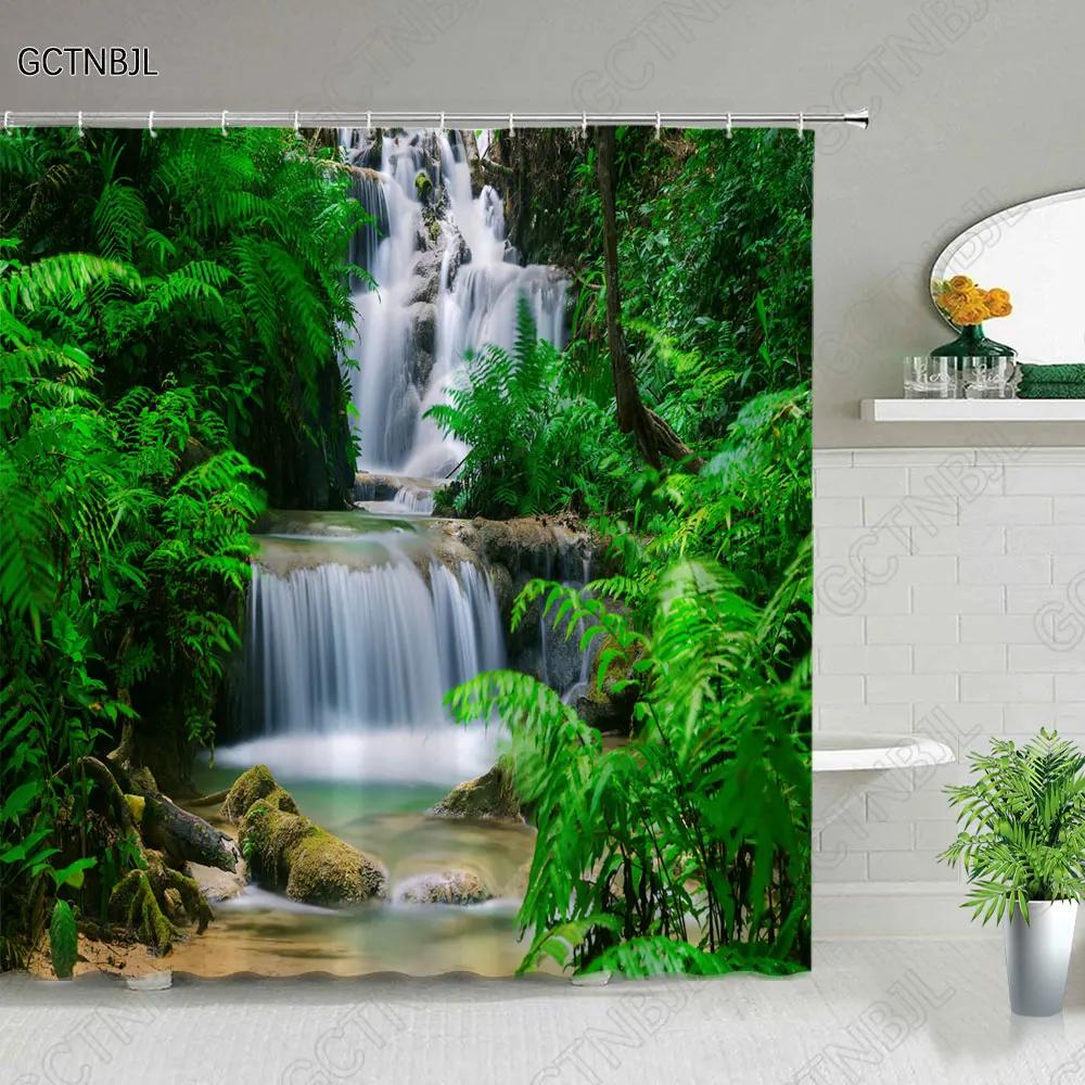 Modern 3D Printing Green Plant Tree Scenery Shower Curtains Forest Bamboo Landscape Bath Curtain Set For Bathroom Decor Cloth