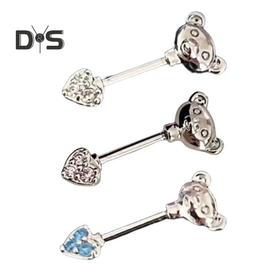 1 PC Boucles d'oreilles à clous Ours de dessin animé et forme de cœur Zircone cubique brillante Boucles d'oreilles pour cartilage pour les soirées en club Anneau de nez sans pas de vis