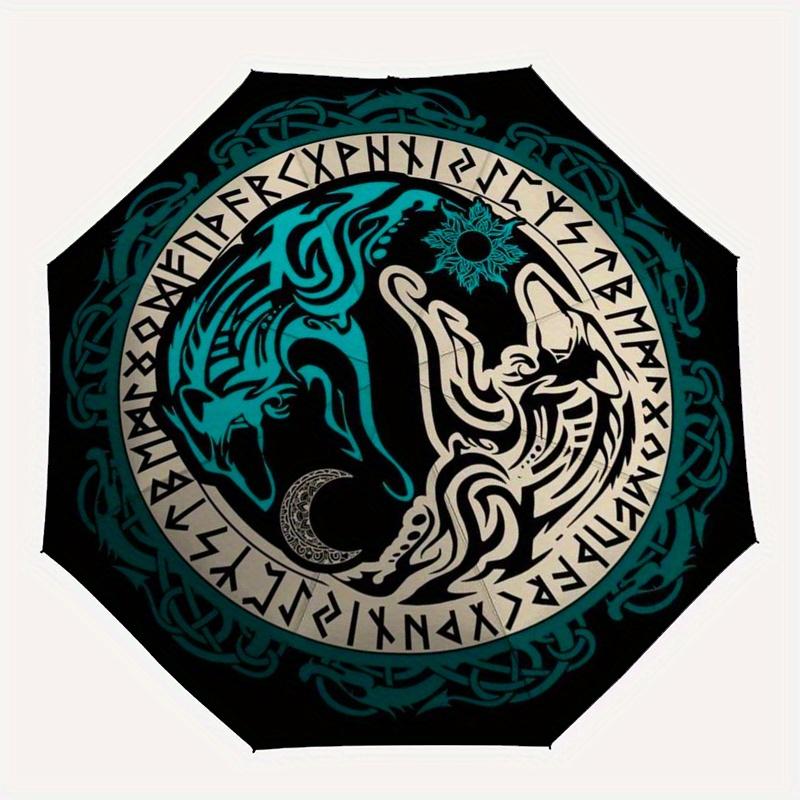 Viking Wolf Rune Circular Norse Symbol Decal Laptop Vinyl WaterproofUmbrella, Portable 3-Fold Umbrella for Men & Women,Christmas Gift ES312