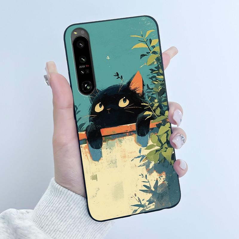 Cute Case For Sony Xperia 1 IV V II III Capa Coque Printing Shell Protective Cover Soft Silicone Cartoon Black Casing Fundas