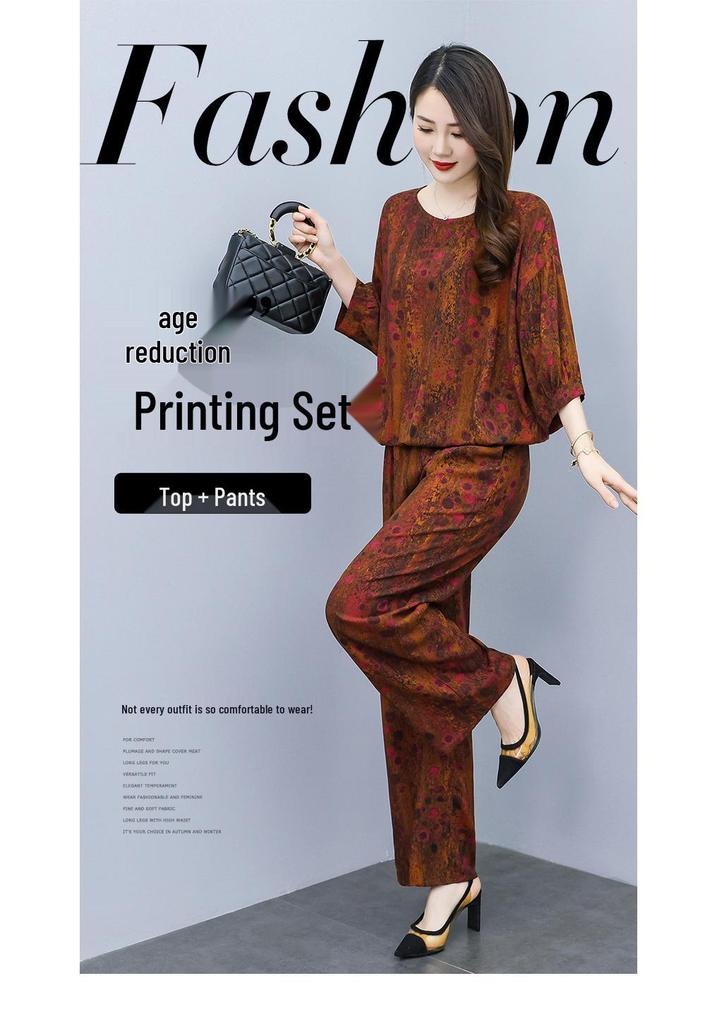 Retro Printed Wide-Leg Pants & Mid-Sleeve Round Neck Top - Elegant Two-Piece Set for Mothers