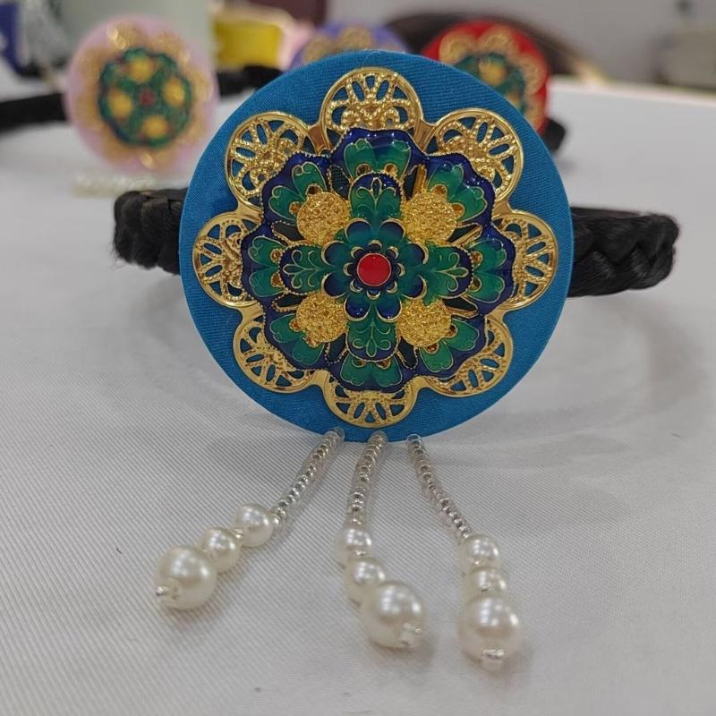 Traditional Korean Hanbok Headband for Women and Girls Blue Glaze and Faux Pearls Hair Hoop Stage Dance Hair Accessory