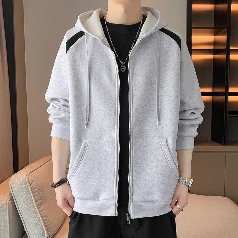 

New Autumn Cardigan Sweater Men s Trendy Color-blocking Hooded Top Loose Casual Sports Jacket Men M