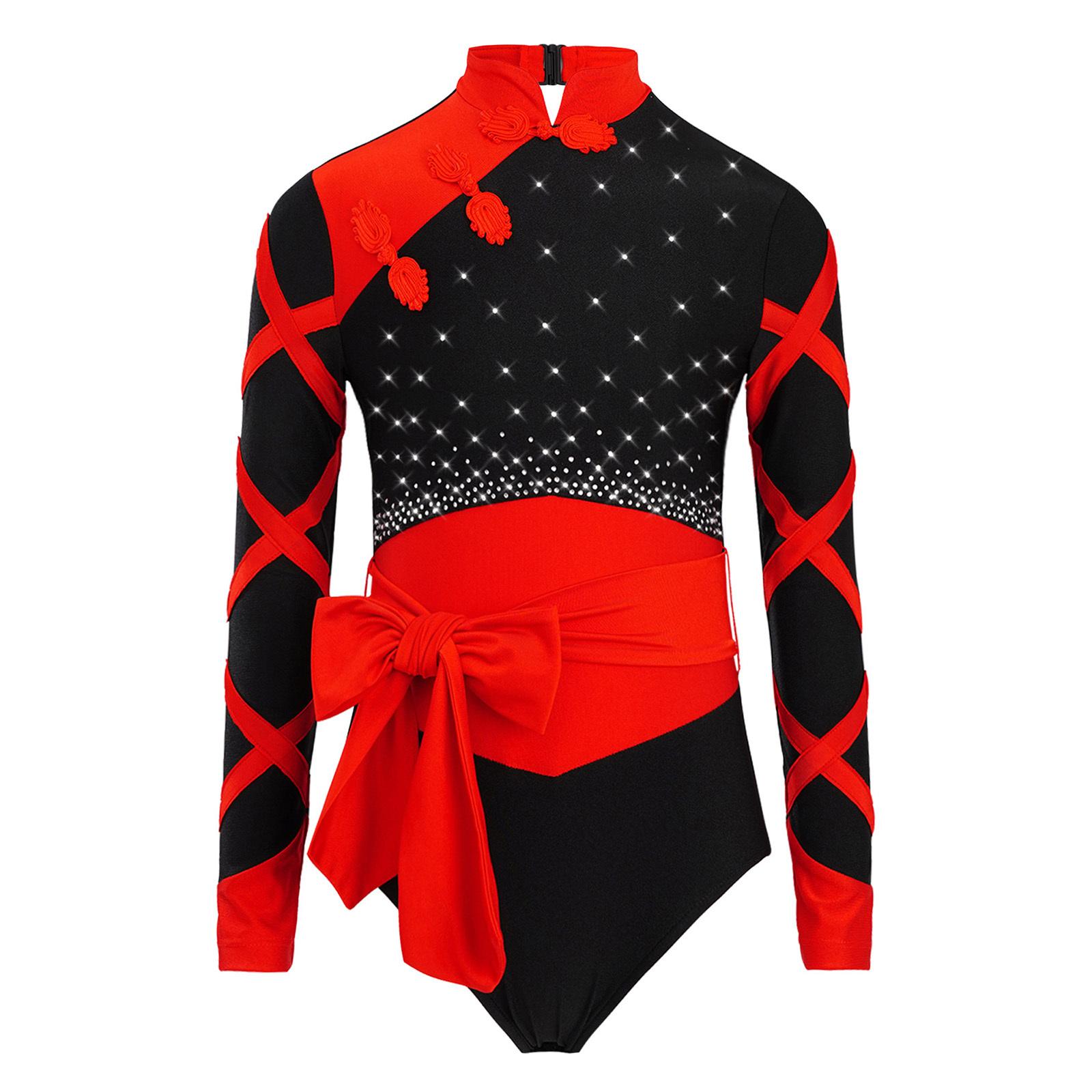 

Дівчачий гімнастичний купальник у китайському стилі, ґудзик-вузол, комір-мандаринка, довгий рукав, стрази, кольоровий блок, з поясом, боді 9-10 Years червоний