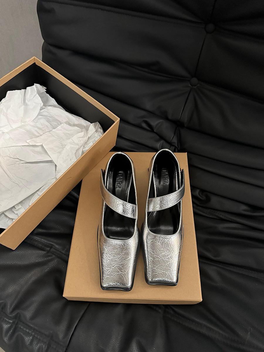 

Серебристые туфли на толстом каблуке, туфли Мэри Джейн, женские туфли, новинка весны 2025 года, французские вечерние туфли, маленькие кожаные туфли 40