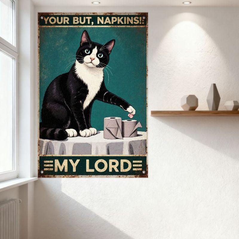 Vintage Retro Black & White Cat Toilet Paper Tin Sign 'YOUR BUT, NAPKINS!!' Metal Poster for Bar Pub Home Wall Decor 8x12 Inch
