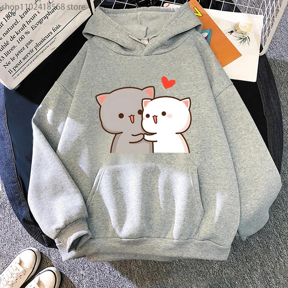 Cartoon Cute Peach Cat Hoodies Women Aesthetic Clothing Kawaii Sweatshirts for Girls Winter Fleee Pink Tops Long Sleeve