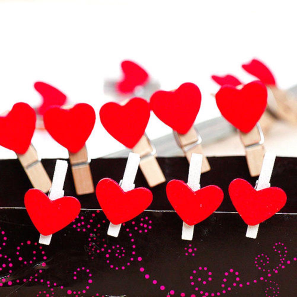 50Pcs Wooden Heart Pegs Clip Stylish Red Love Heartphoto Paper Clips Wedding Decoration Craft