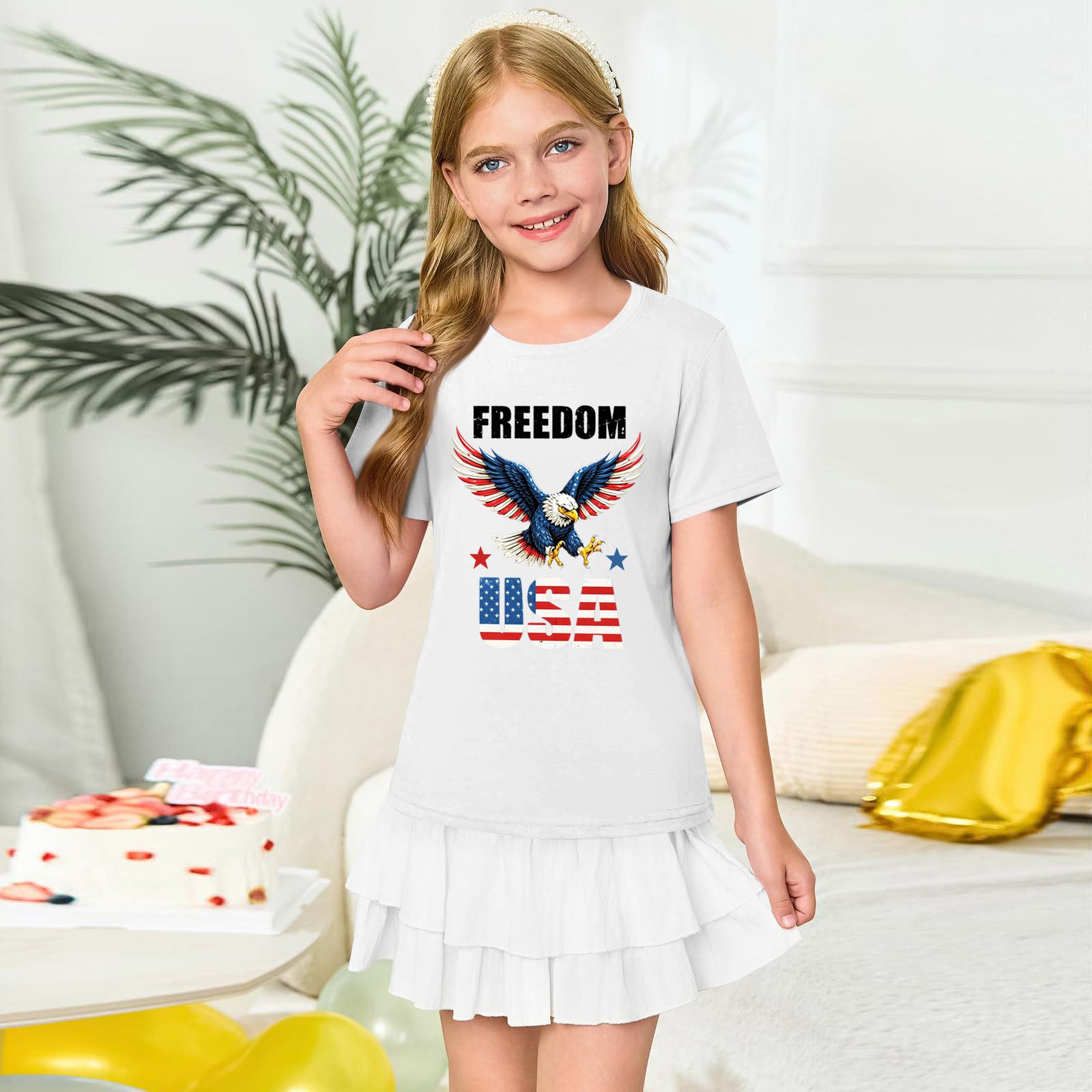 

Girls Crew Neck Short Sleeve T Shirt Printed Casual Tee Top Comfortable Fit Lightweight Fabric Suitable for Everyday Wear USA Theme 160 білий