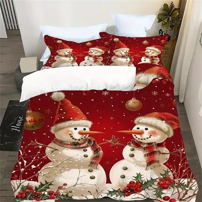 3pcs Soft & Cozy Christmas Snowman & Snowflake Print Duvet Cover Set - Includes 1 Duvet Cover and 2 Pillowcases Perfect for Bed
