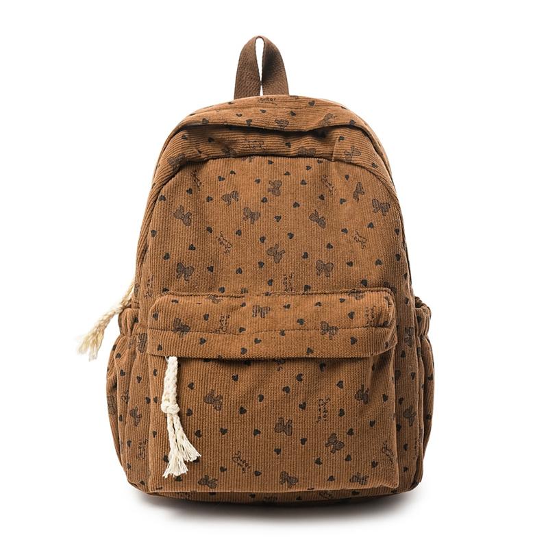 Women's Corduroy Backpack Large Capacity Bow Student Schoolbag